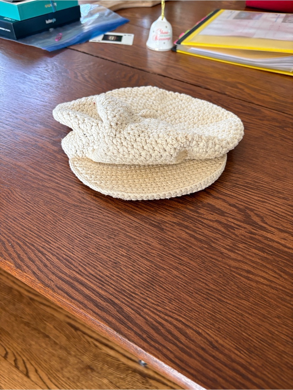 le chateau Crochet Knit Cream Baker Boy Cap